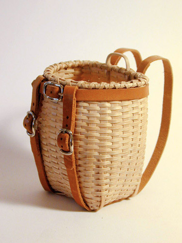 Small Collectible Maine Pack Basket, brown ash, leather, brass - Stephen Zeh Basketmaker