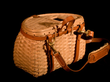 Trout Creel - back view. A fishing creel basket handcrafted of brown ash and leather by Stephen Zeh