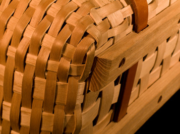 Trout Creel - bottom view showing runners. A fishing creel basket handcrafted of brown ash and leather by Stephen Zeh