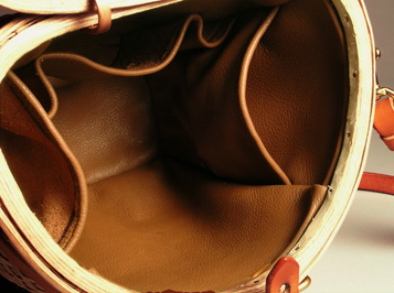 Maine Packbasket Purse -interior view of leather lining and pockets- brown ash, brass, leather - by Stephen Zeh