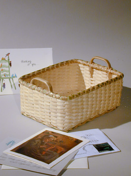 Sweetgrass Notecard Tray with note cards and envelopes hand crafted of brown ash and sweetgrass by basket maker Stephen Zeh of Temple, Maine.